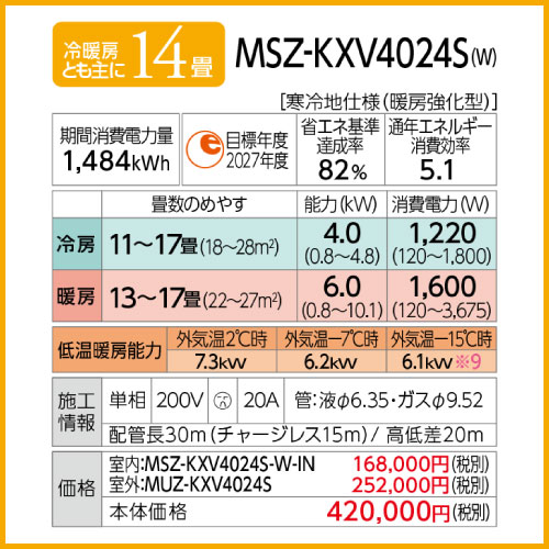 MSZ-KXV4023S-W(T) 三菱電機 ズバ暖霧ヶ峰 KXVシリーズ 壁掛形 14畳